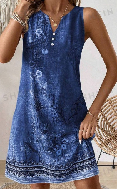 Women's Floral Print V-Neck Maxi Dress Sleeveless Summer Vacation Dress with Slit
