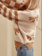 Sarah Express Women's Ribbon Bow Checkered Striped Sleeve Drop Shoulder Sweater