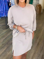 Sarah Express Women's Solid Color Drop Shoulder Pullover and Drawstring Mini Skirt 2pcs Outfit Eggshell