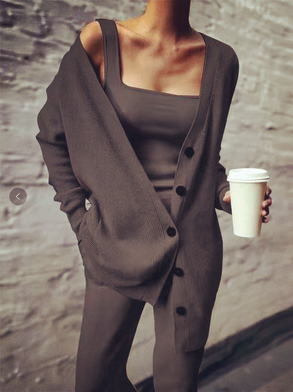 Knitted Three Piece Suit Set Cardigan Vest Pants Coordinated Outfit