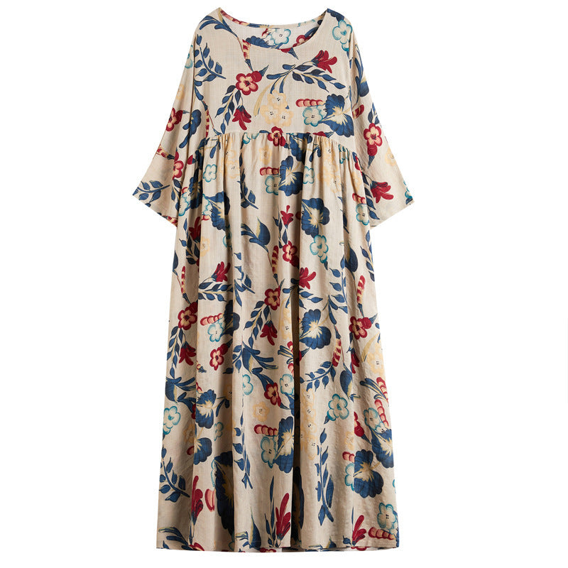 Women's Plus Size Cotton Linen Print Dress Loose Oversized Short Sleeve Maxi