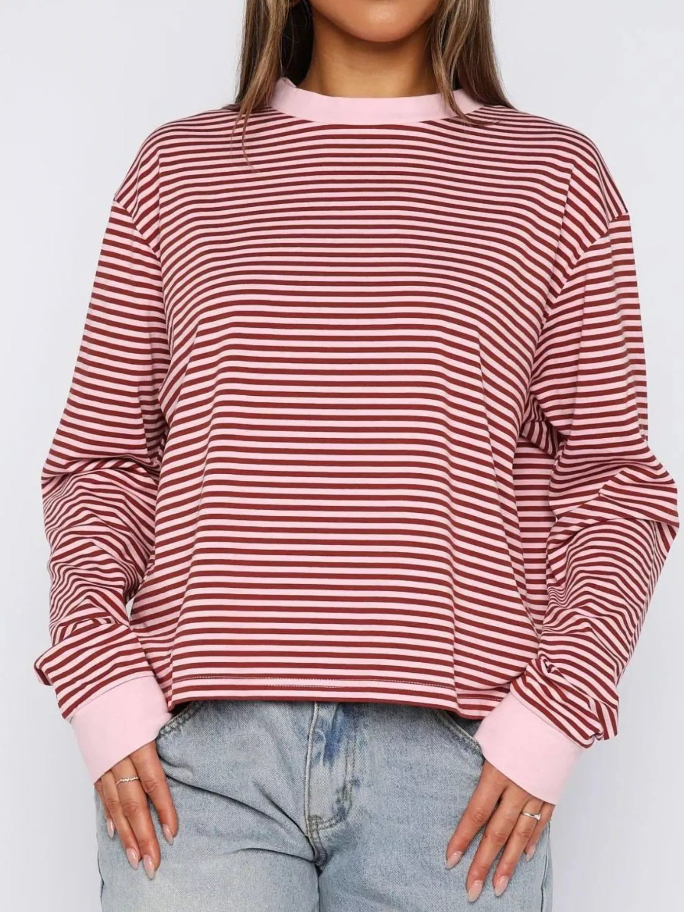 Sarah Express Women's Striped Oversized Round Neck Sweatshirt Moonlit Mauve