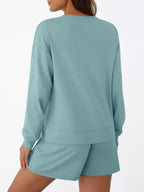 Sarah Express Women's Round Neck Long Sleeve Top and Shorts Set - Two Piece Loungewear