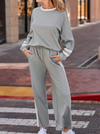 Sarah Express Women's Contrast Trim Round Neck Top and Pants Set