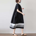 Women's Cotton Linen Midi Dress Short Sleeve Color Block - Casual Plus Size One Size Black