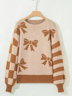Sarah Express Women's Ribbon Bow Checkered Striped Sleeve Drop Shoulder Sweater