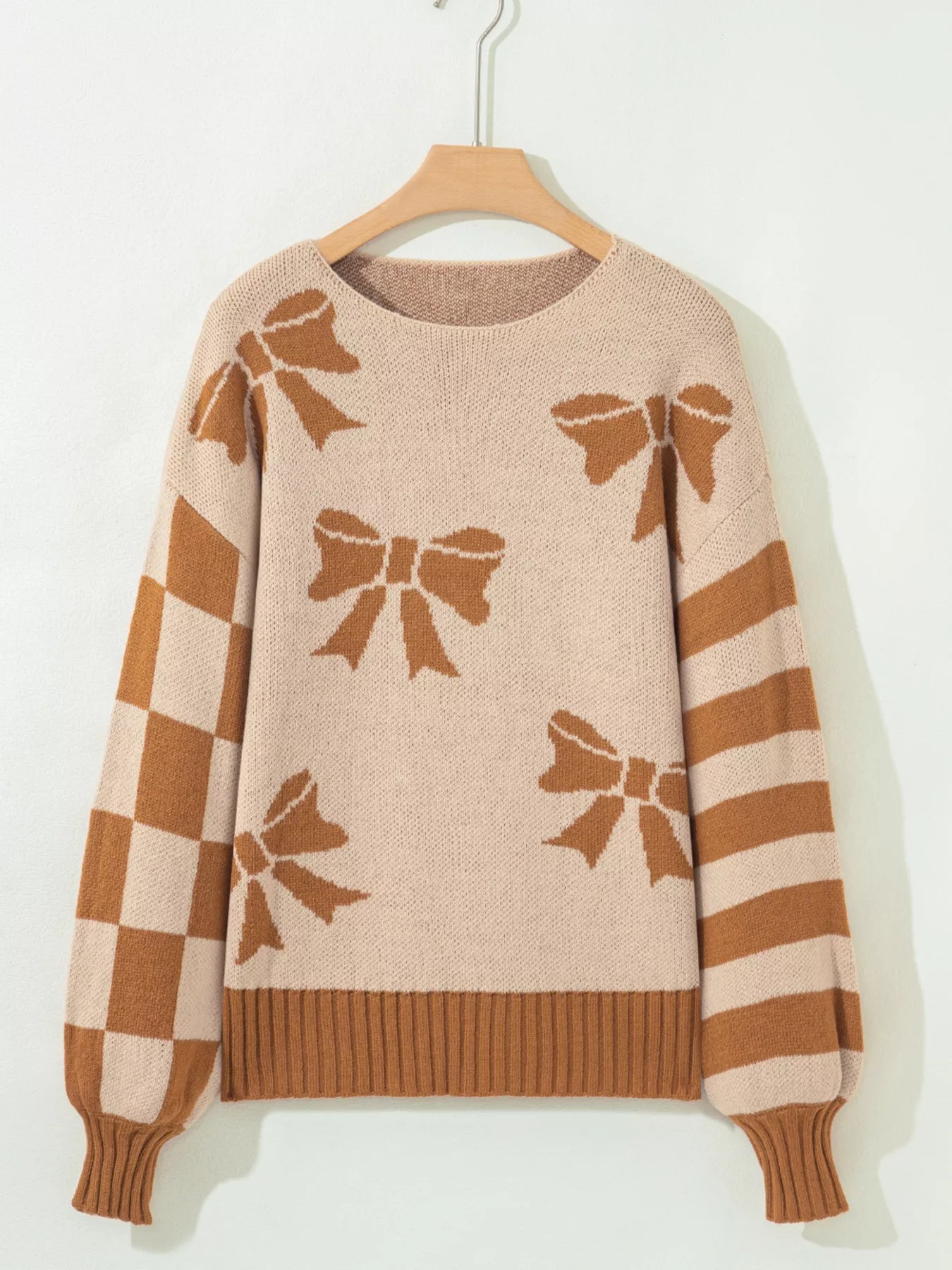 Sarah Express Women's Ribbon Bow Checkered Striped Sleeve Drop Shoulder Sweater