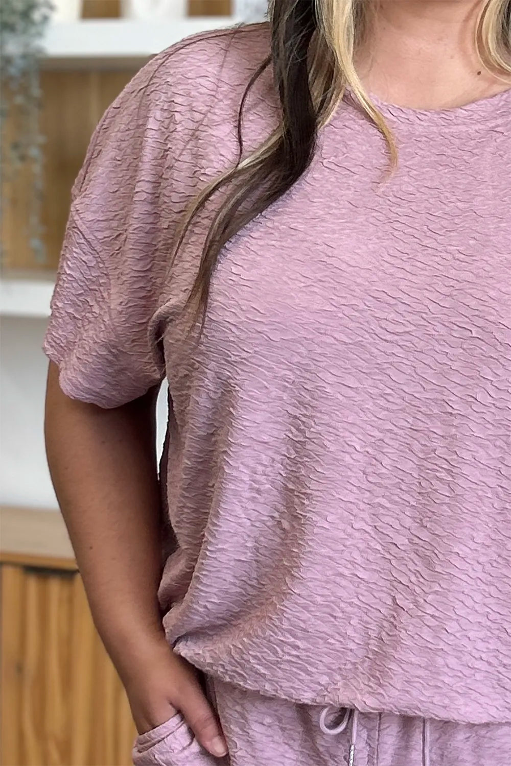 Sarah Express Women's Textured Short Sleeve Top and Pants Set - Two Piece Outfit