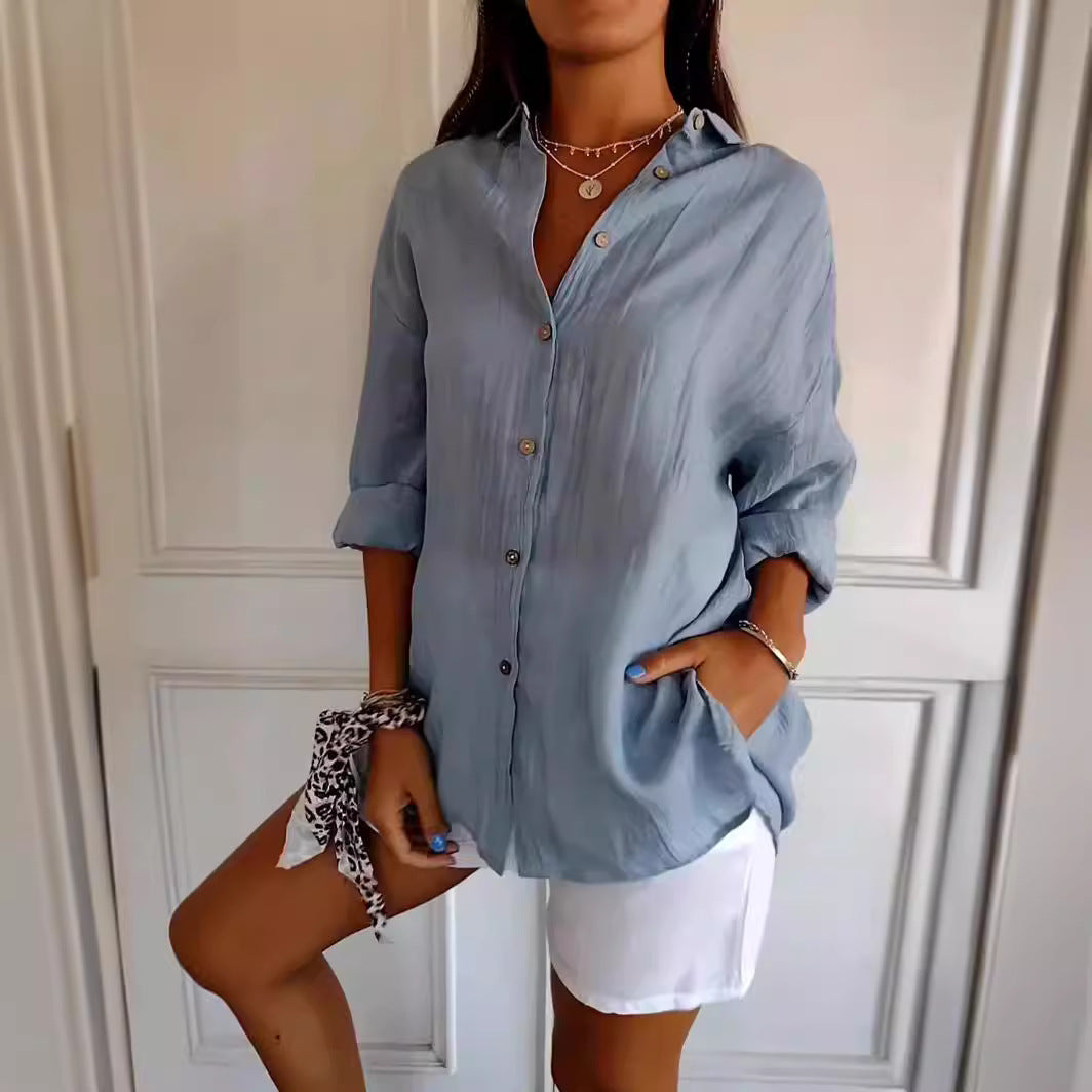 Women's Lapel Long Sleeve Pleated Button Front Shirt Blouse