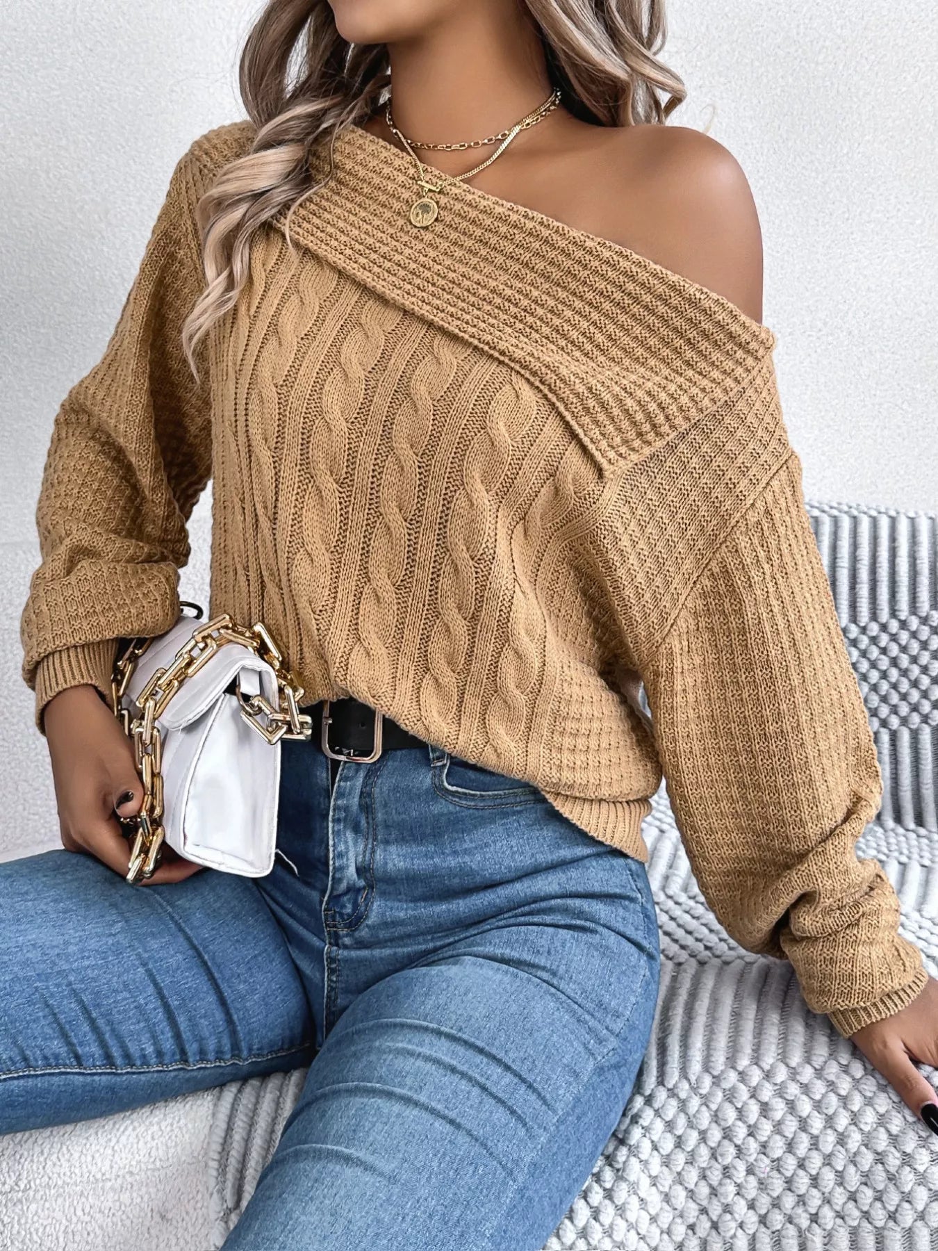 Sarah Express Women's Off-Shoulder Cable Knit Sweater Tan