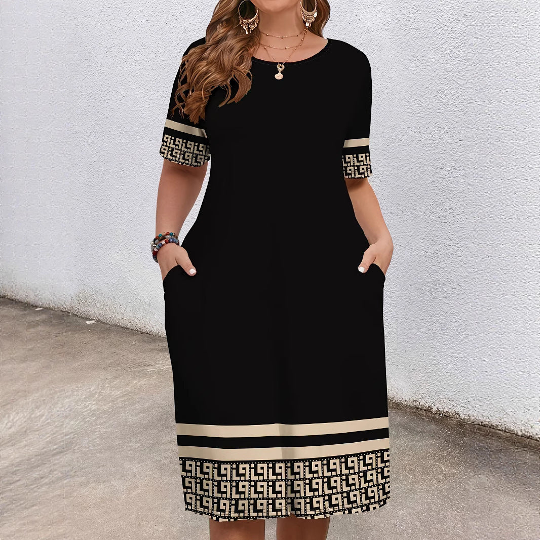 Women's Contrast Color Midi Dress Round Neck Short Sleeve Casual