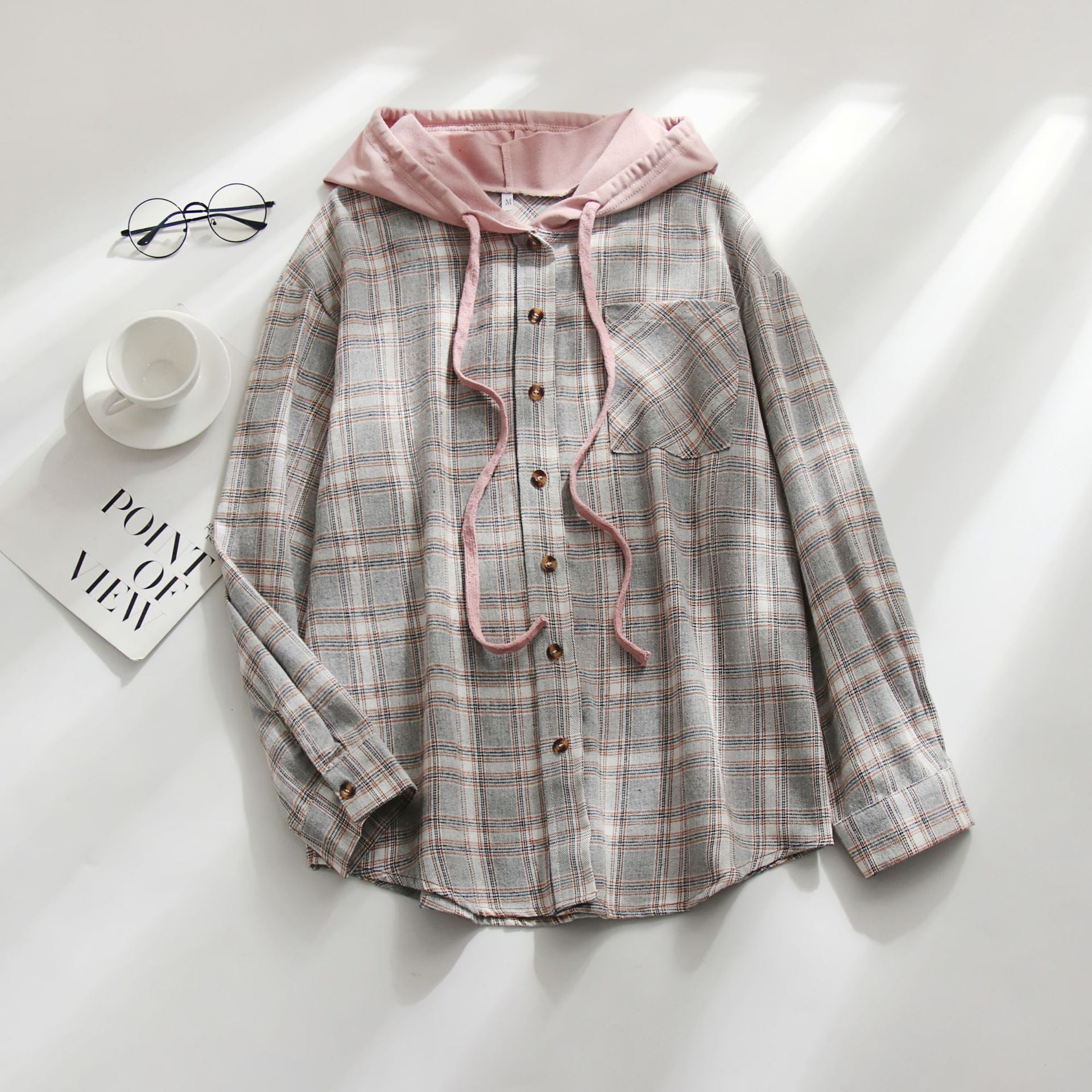 Women's Plaid Hooded Shirt Jacket Casual Loose Fit Pullover Top