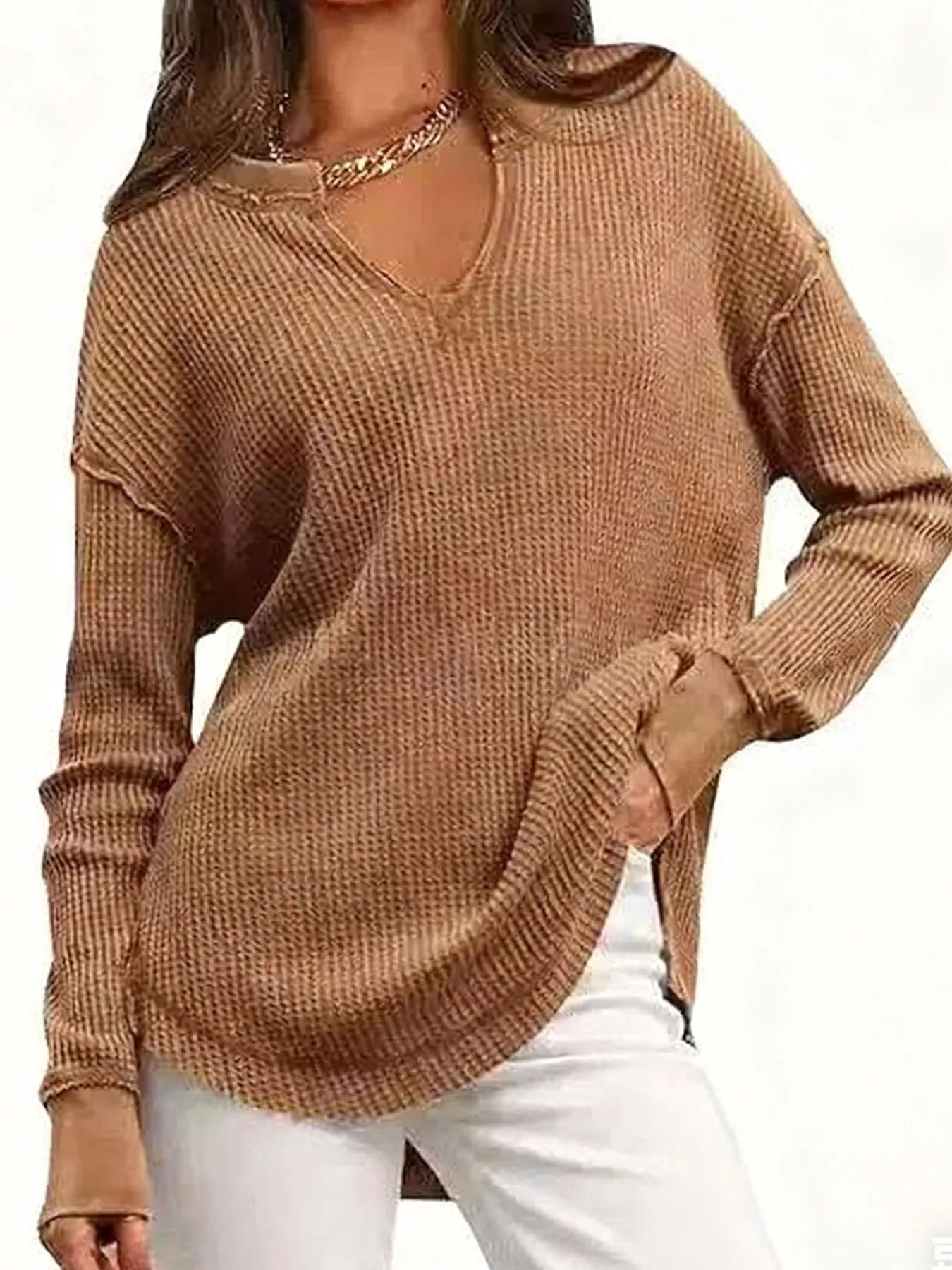 Sarah Express Women's Waffle Knit Long Sleeve Sweatshirt Khaki