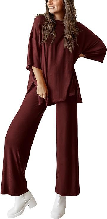 Two Piece Pullover Top Wide Leg Pants Set Polyester