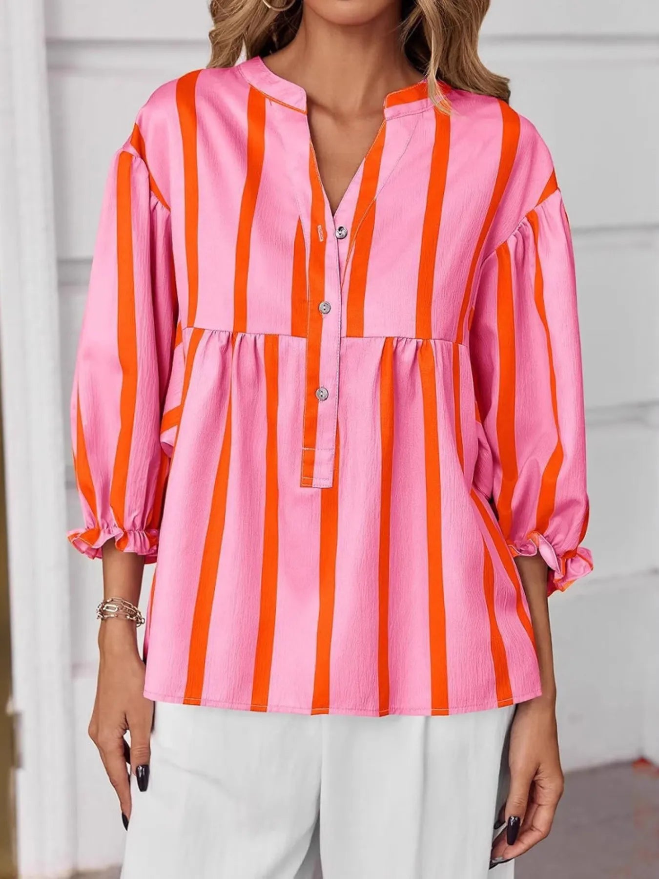 Sarah Express Women's Striped Button Front Notched Blouse