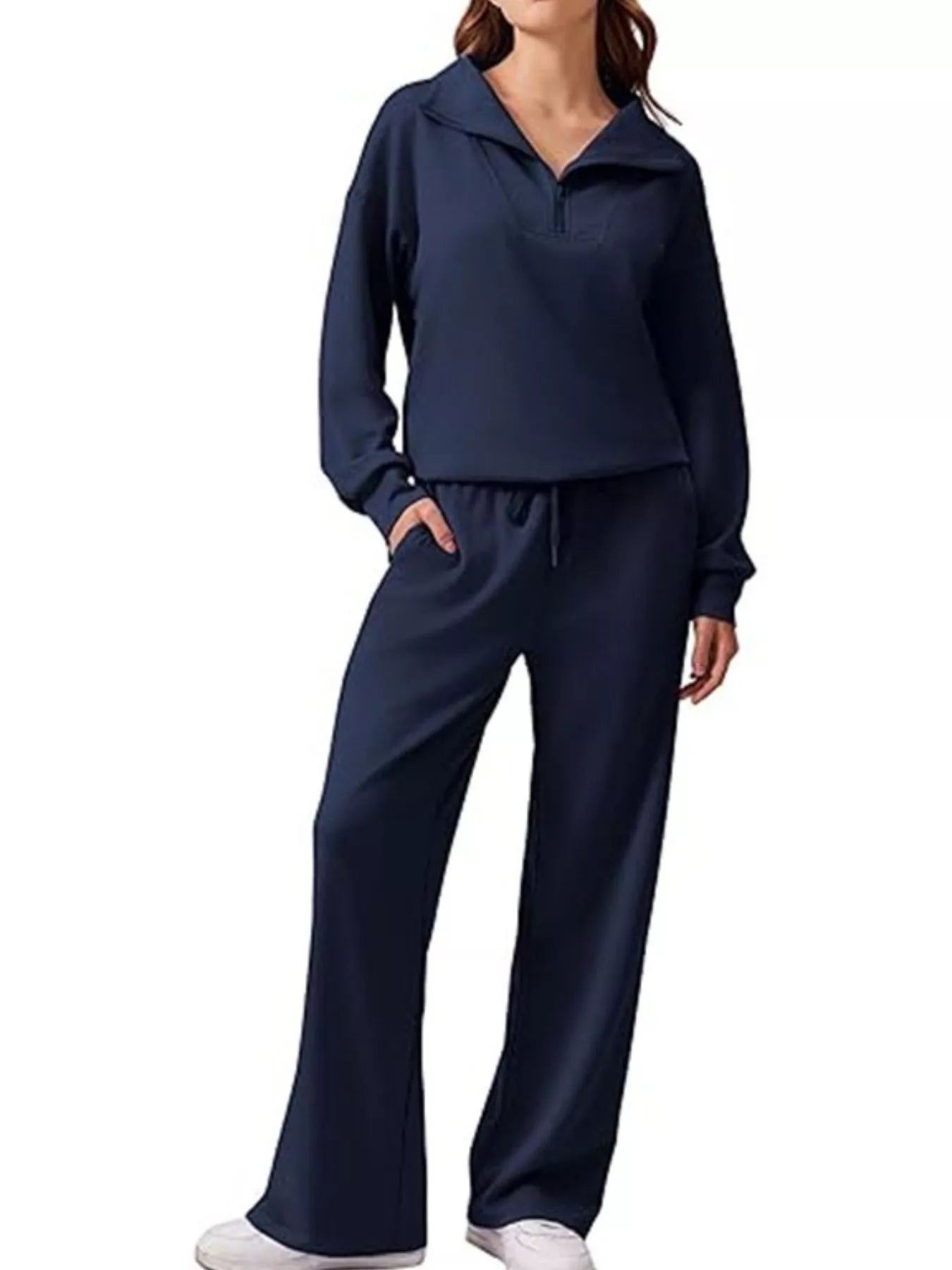 Sarah Express Women's Zip Collar Dropped Shoulder Top and Pants Set Dark Blue