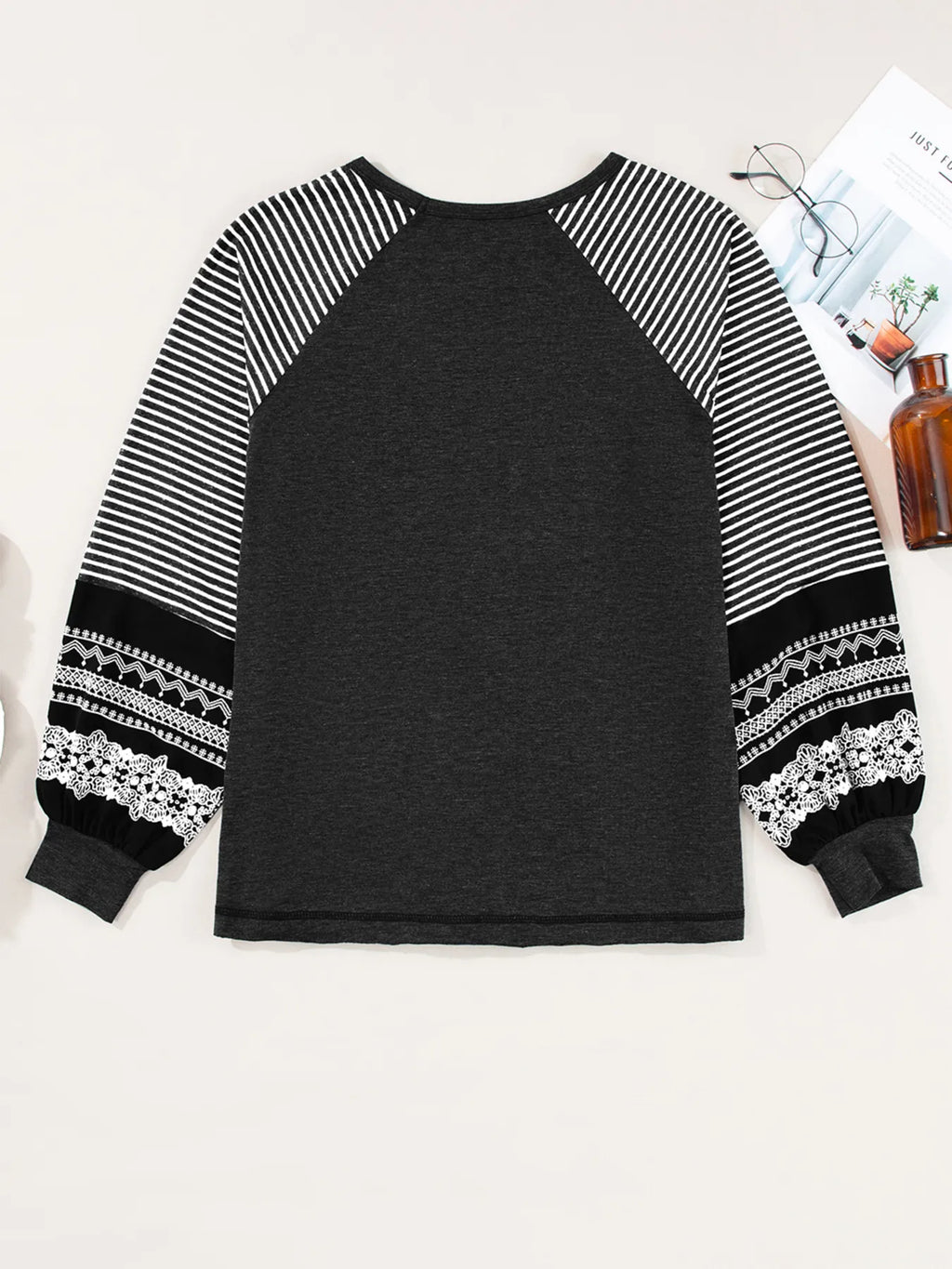 Sarah Express Women's Contrast Print Striped Raglan Long Sleeve Loose Top