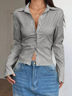 Sarah Express Women's Striped Button Up Long Sleeve Shirt