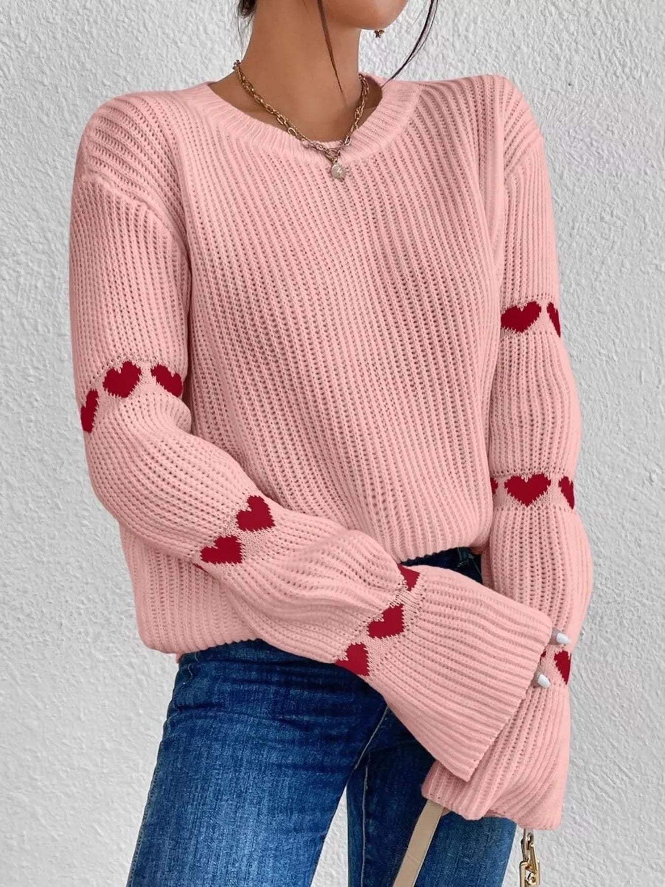 Sarah Express Women's Heart Pattern Round Neck Sweater Pale Blush