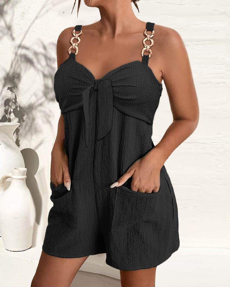 High Waist Sleeveless Romper Jumpsuit Metal Strap Pockets