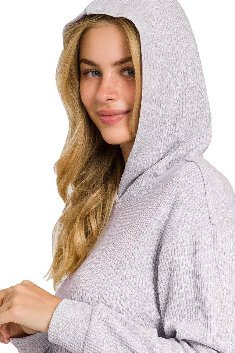 Sarah Express Women’s Ribbed Drop Shoulder Cropped Hoodie Casual