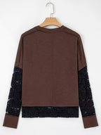 Sarah Express Women's Sheer Lace Patchwork Casual Long Sleeve Top