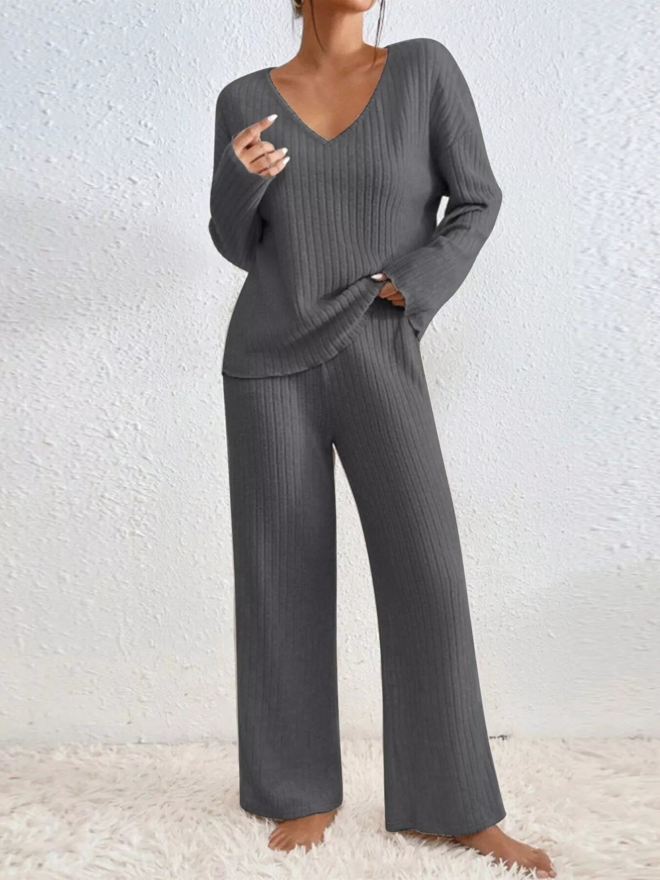 Sarah Express Women's Ribbed V-Neck Top and Pants Lounge Set - Two Piece Outfit