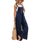 Women's Solid Color Cotton Suspender Trousers Casual Overall Straight Leg Mid Waist with Pockets