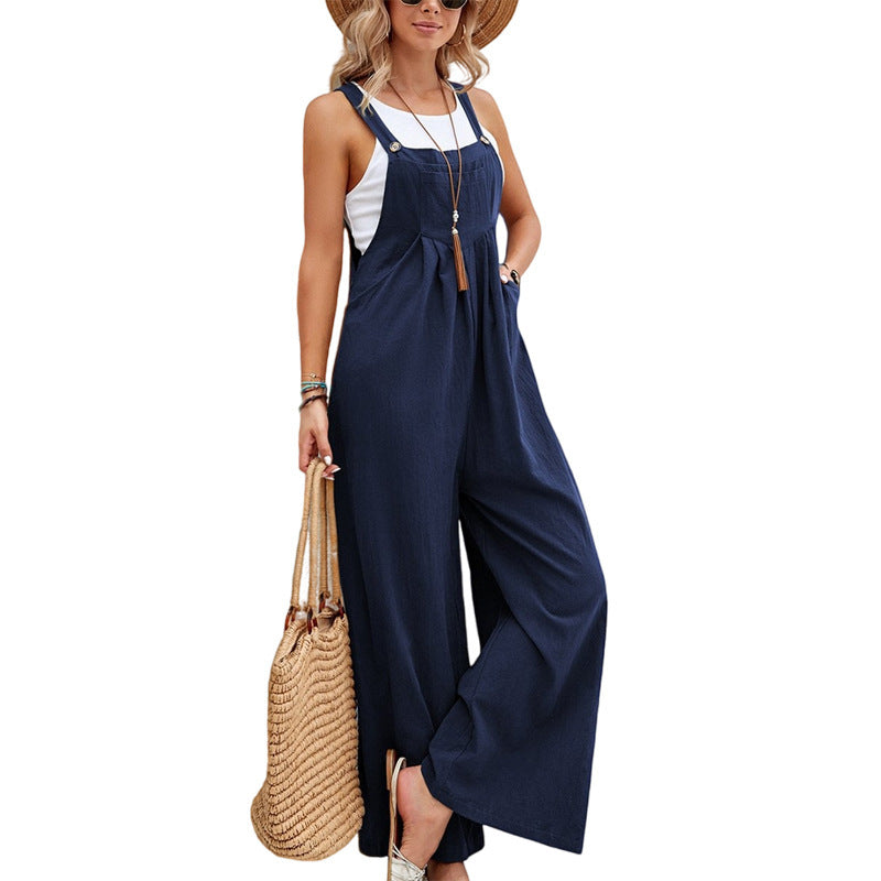Women's Solid Color Cotton Suspender Trousers Casual Overall Straight Leg Mid Waist with Pockets