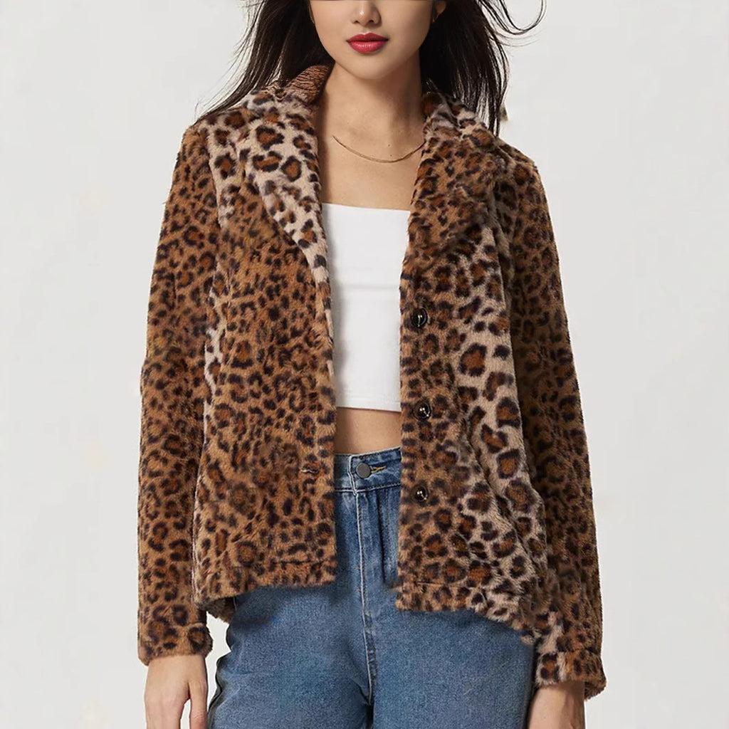 Women's Leopard Print Buckle Lapel Thickening Coat