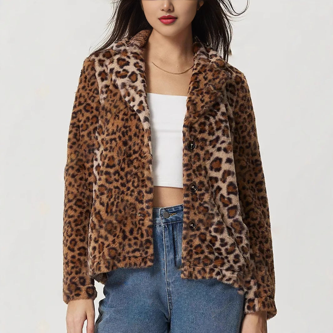 Women's Leopard Print Buckle Lapel Thickening Coat