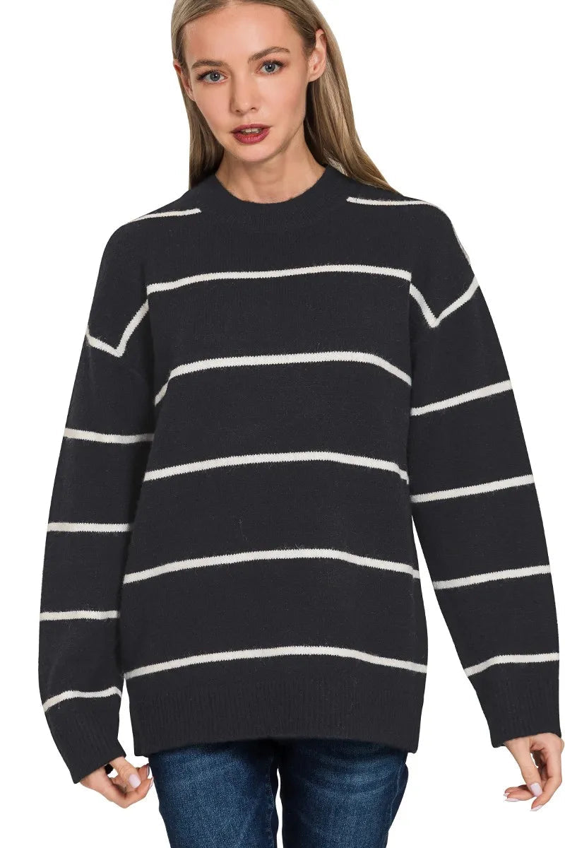 Sarah Express Women's Black White Stripe Sweater | Round Neck Oversized | Acrylic Blend | S-L