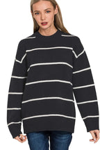 Sarah Express Women's Black White Stripe Sweater | Round Neck Oversized | Acrylic Blend | S-L