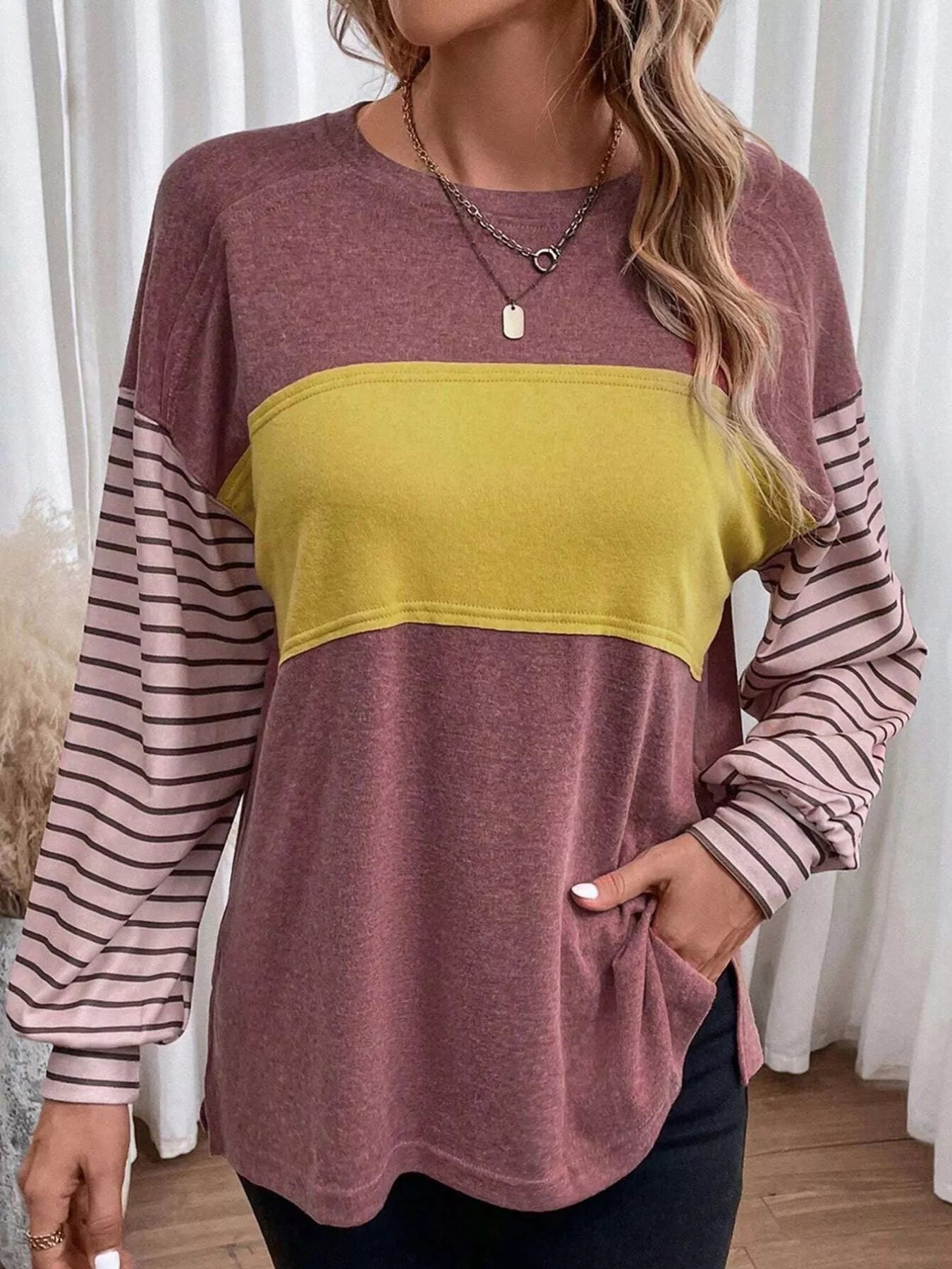 Sarah Express Women's Striped Color Block Long Sleeve T-Shirt