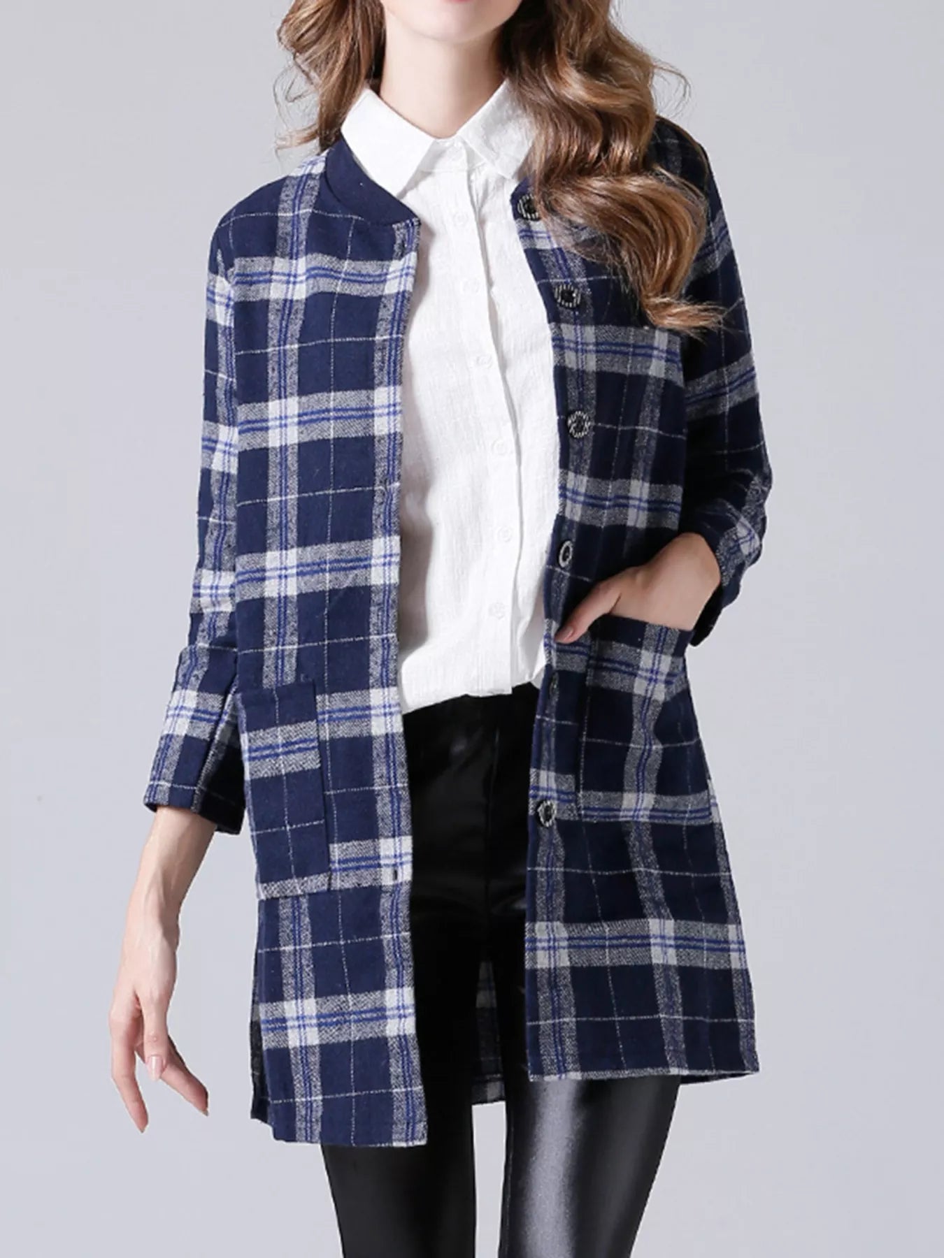 Sarah Express Women's Plus Size Plaid Button-Down Longline Shirt Navy