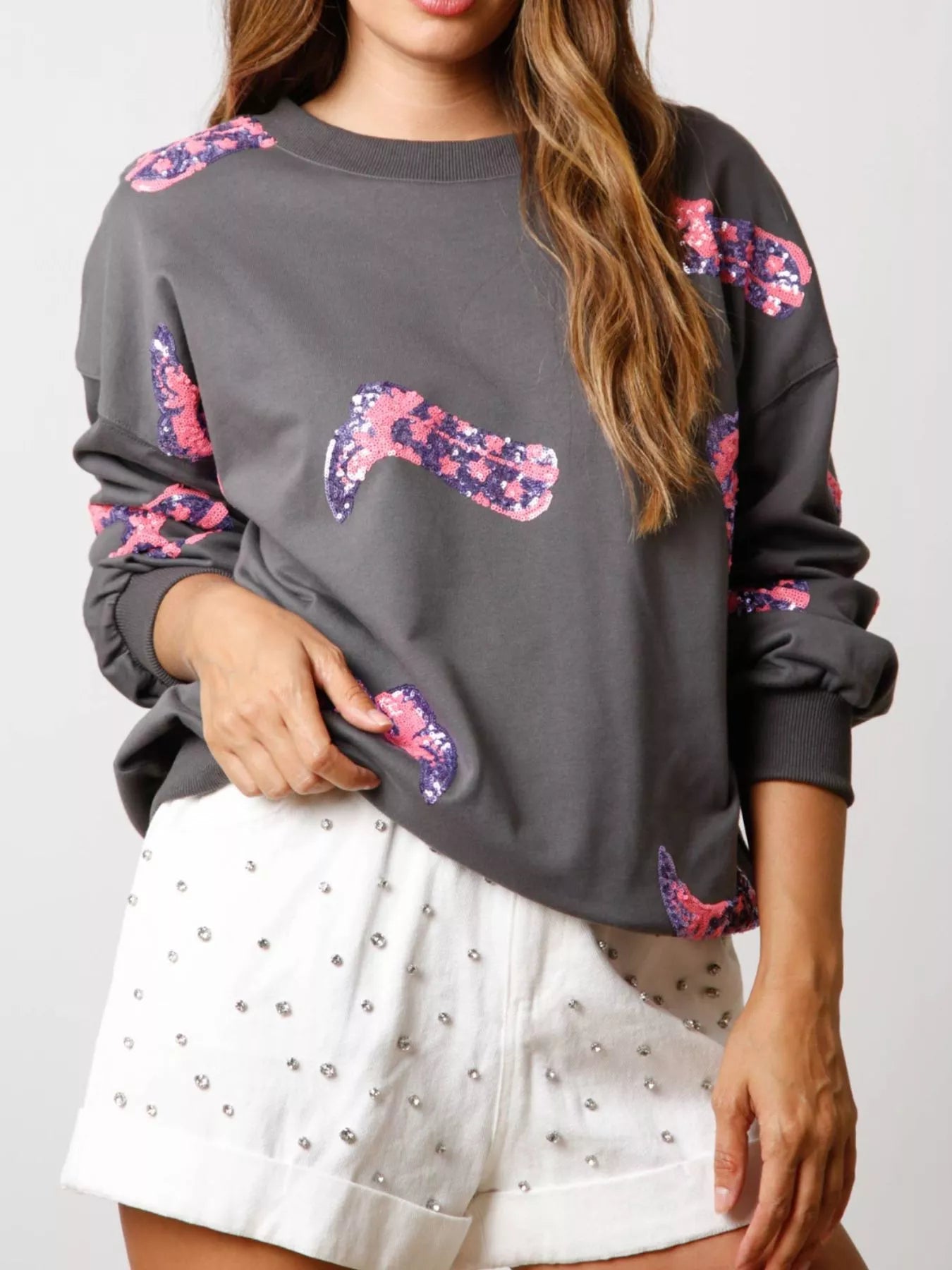 Sarah Express Women's Sequin Boot Crewneck Sweatshirt Grey