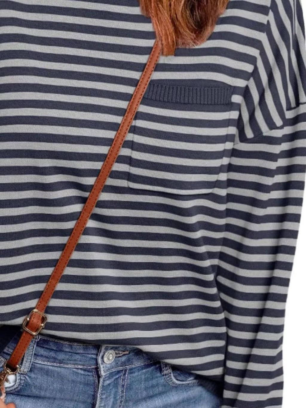 Sarah Express Women's Striped Round Neck Long Sleeve Knit Top with Pockets