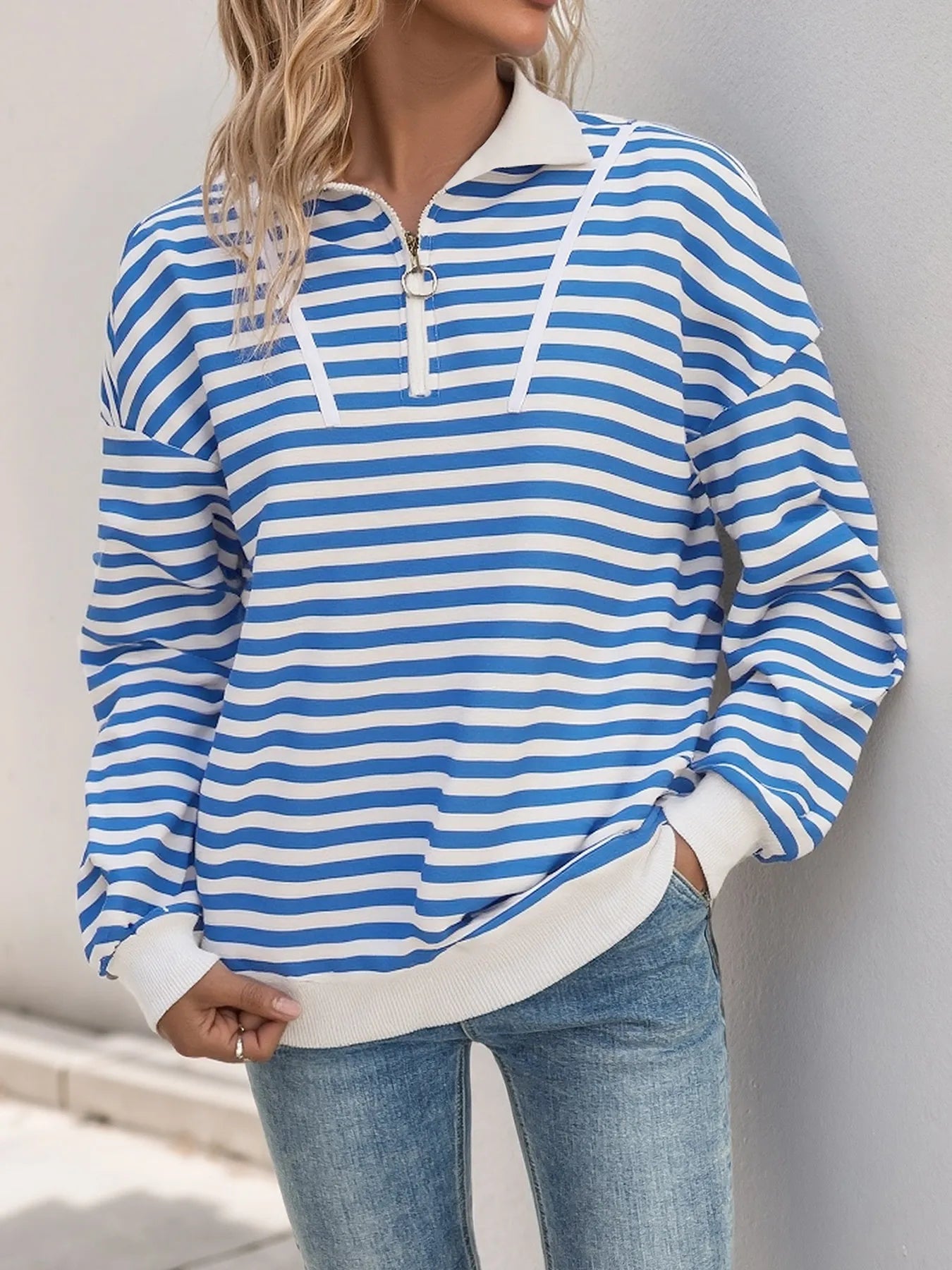 Sarah Express Women's Striped Quarter Zip Long Sleeve Hoodie