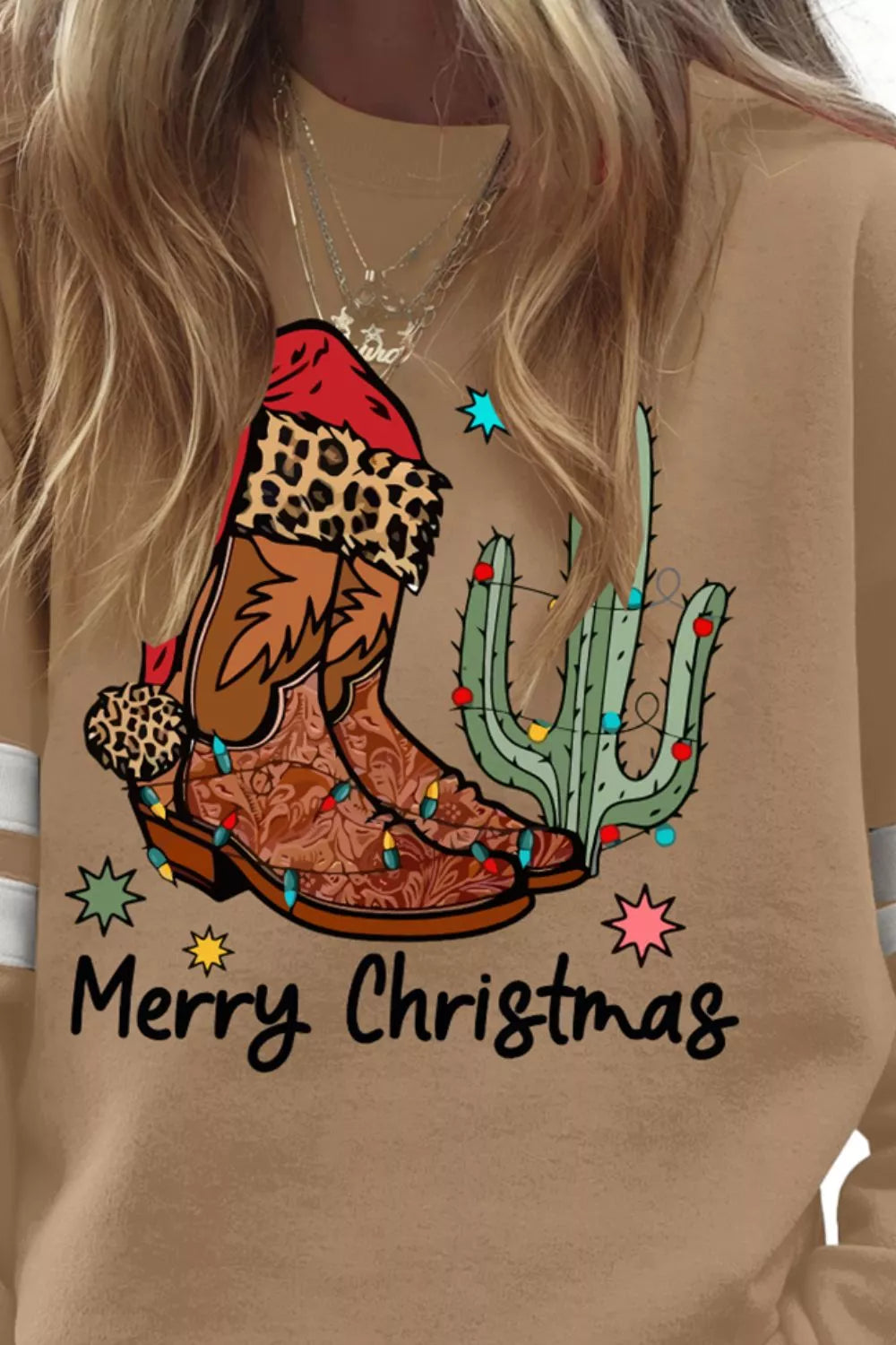 Sarah Express Women's Merry Christmas Cowboy Boot Cactus Casual Sweatshirt