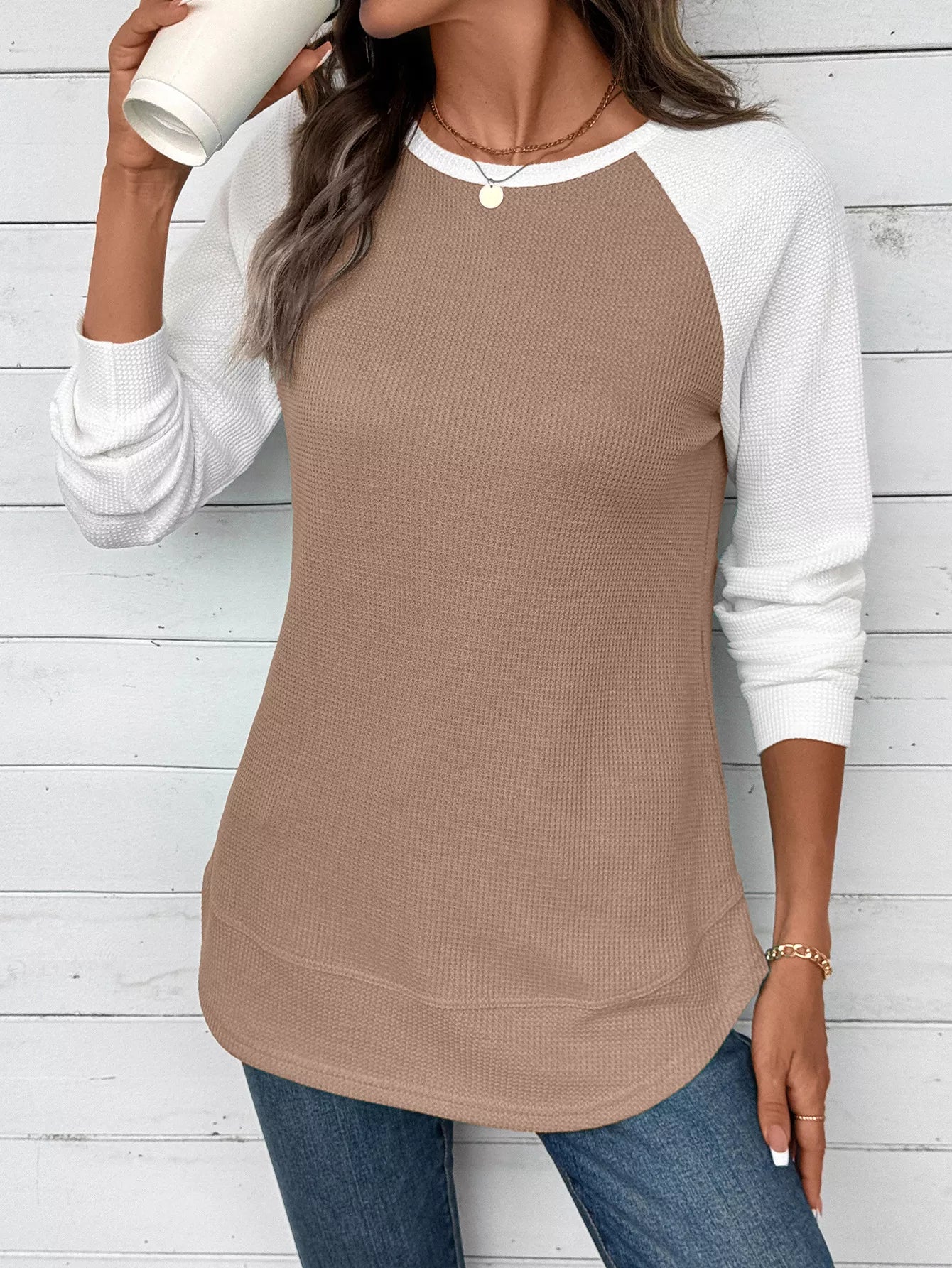 Sarah Express Women's Contrast Raglan Sleeve Waffle Knit T-Shirt