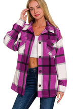 Sarah Express Women's Oversized Plaid Fleece Shacket - Purple Button-Front for Fall & Winter