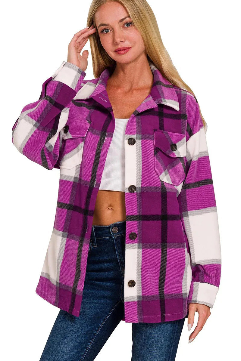 Sarah Express Women's Oversized Plaid Fleece Shacket - Purple Button-Front for Fall & Winter