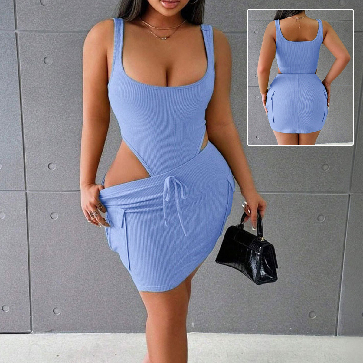 Women's Sleeveless Denim Jumpsuit with Skirt Overlay Two-Piece Set