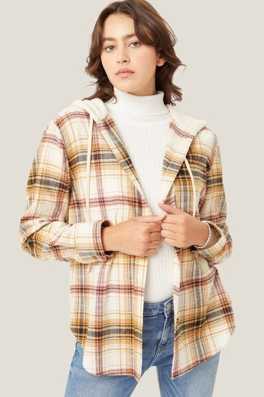 Women's Plaid Hooded Shirt Jacket Casual Loose Fit Pullover Top