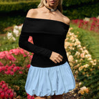 Off-Shoulder High Waist Dress Long Sleeve Contrast Stitching