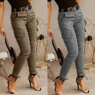 Women's Low Waist Cotton Blend Cargo Overalls Loose Fit Button Detail Trousers