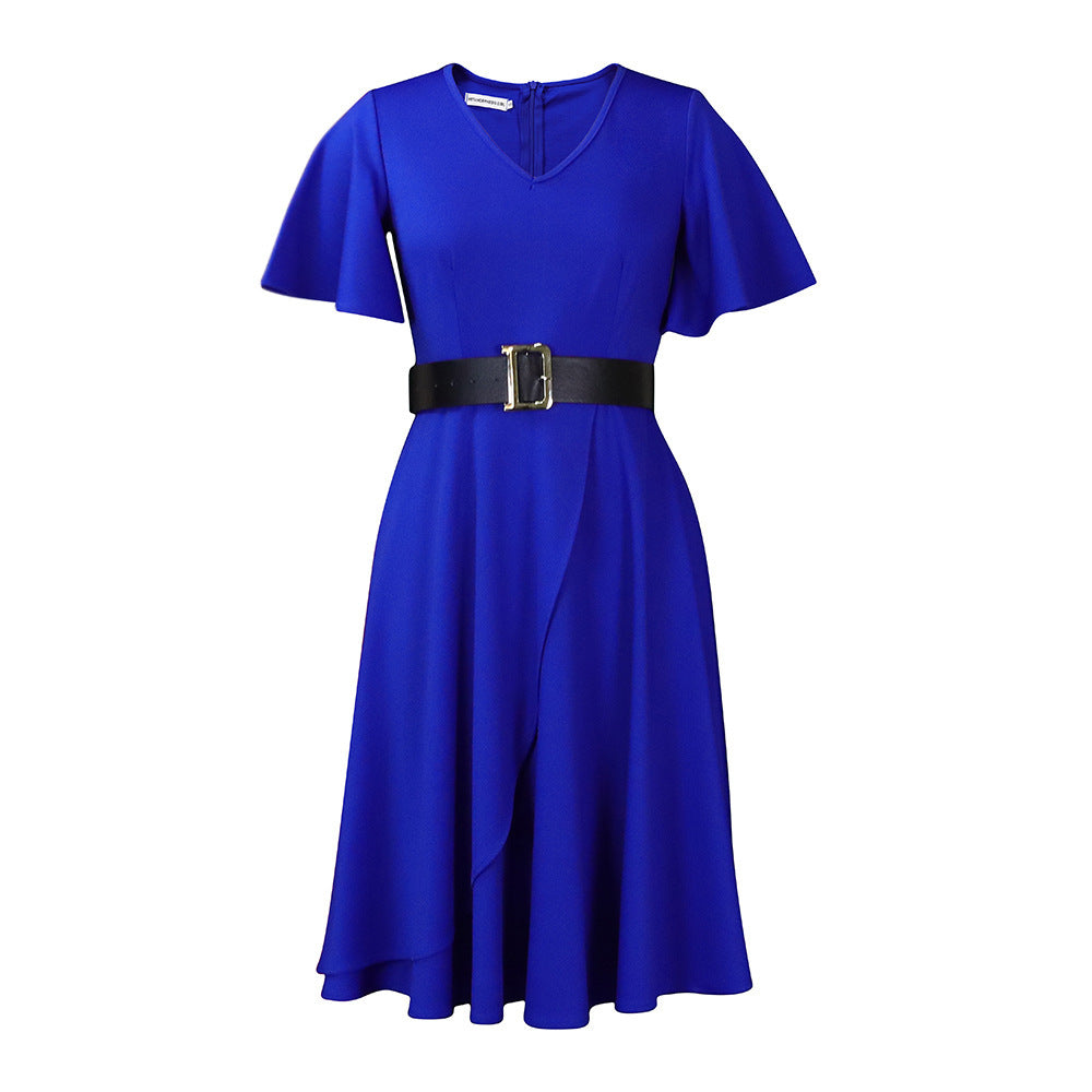 Women's Flared Sleeve Belted High Waist Mid-Length Dress Plus Size