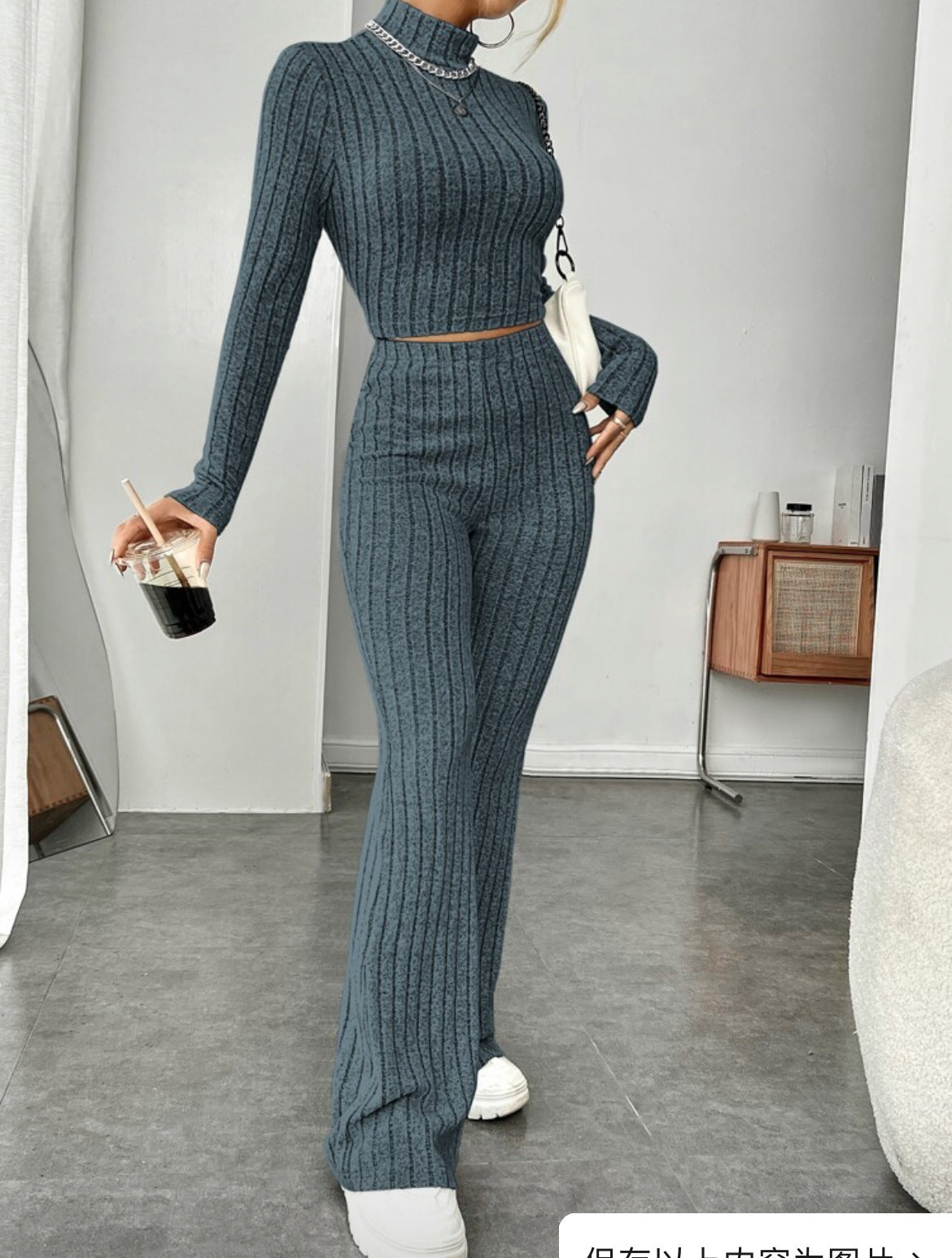 Women's Turtleneck Top and Wide Leg Pants Two-Piece Set Cotton Loungewear Suit