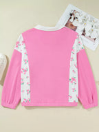 Sarah Express Women's Plus Size Contrast Polo Collar Floral Patchwork Long Sleeve Top