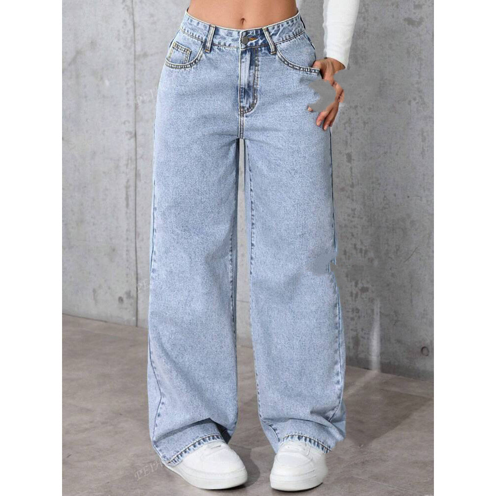 Women's High-Waist Straight Leg Jeans - Distressed Cotton Denim Loose Fit